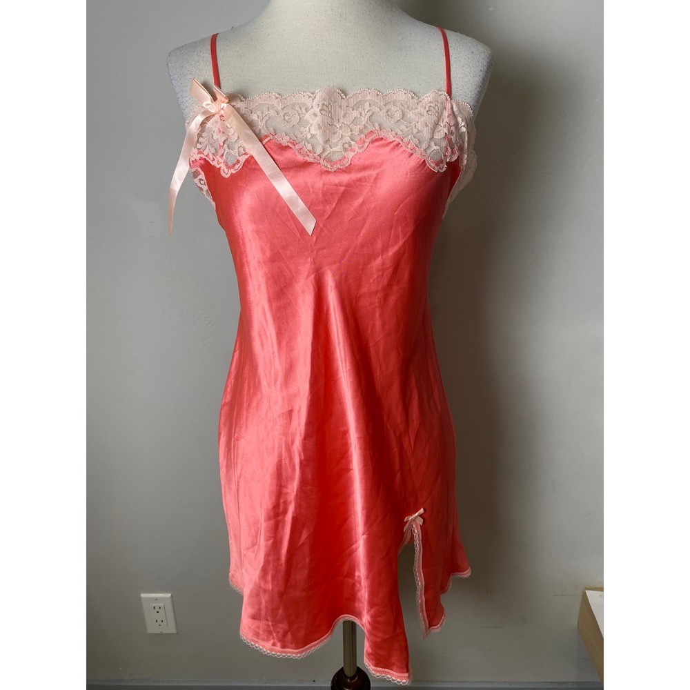 Victoria's Secret Vintage Y2K Satin Lace Trim Slip Dress Coral Pink Medium